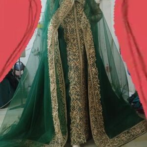 Elegant Green and Gold Embroidered Gown